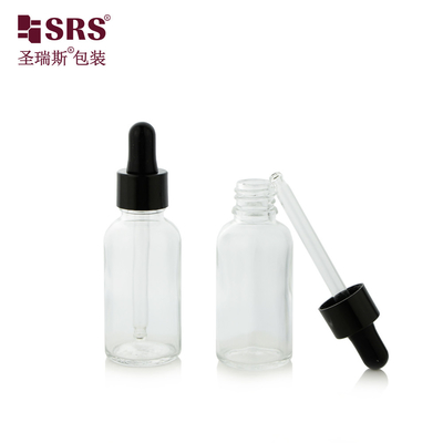 30ml स्पष्ट स्टॉक रंग तेजी से वितरण शिपिंग के लिए तैयार गोल ग्लास ड्रॉपर बोतल