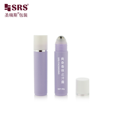 RPP-30ml इंजेक्शन बैंगनी चमकदार मैट समाप्त सफेद टोपी के साथ स्टैम्पिंग चांदी के छल्ले स्टील गेंद मालिश बाल सीरम रोलर बोतल
